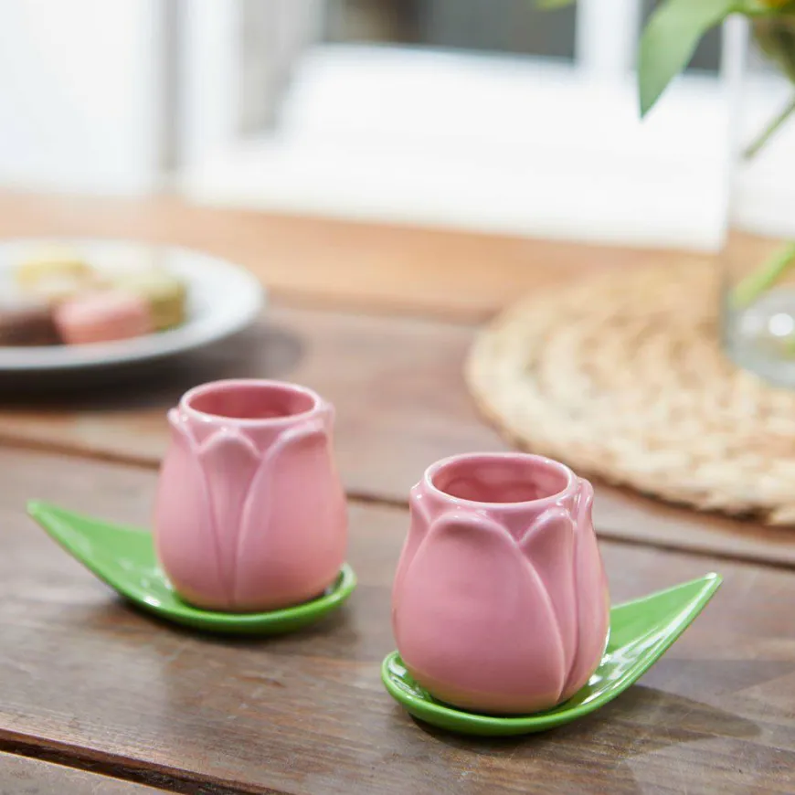 Balvi Koffiekopje Tulp roze - set van 2 kopjes met schotels
