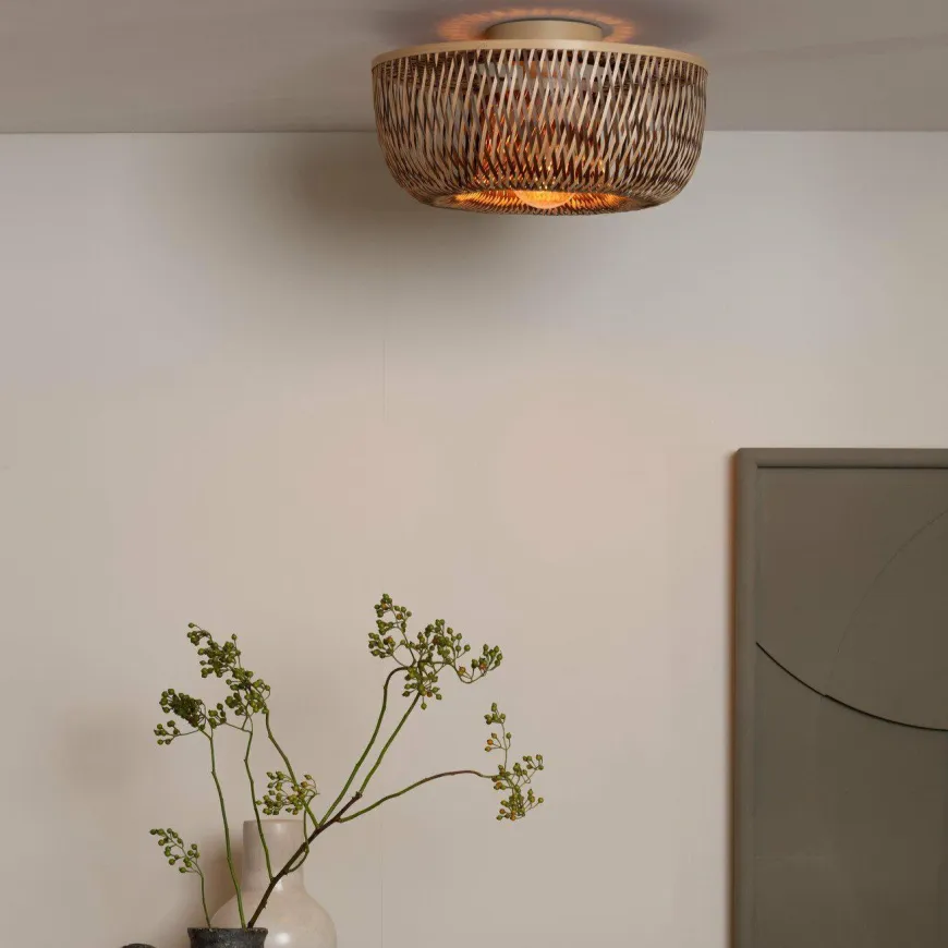 Good&Mojo Plafondlamp Barbados bamboe/halfrond kap ø35xh.15cm naturel/bruin