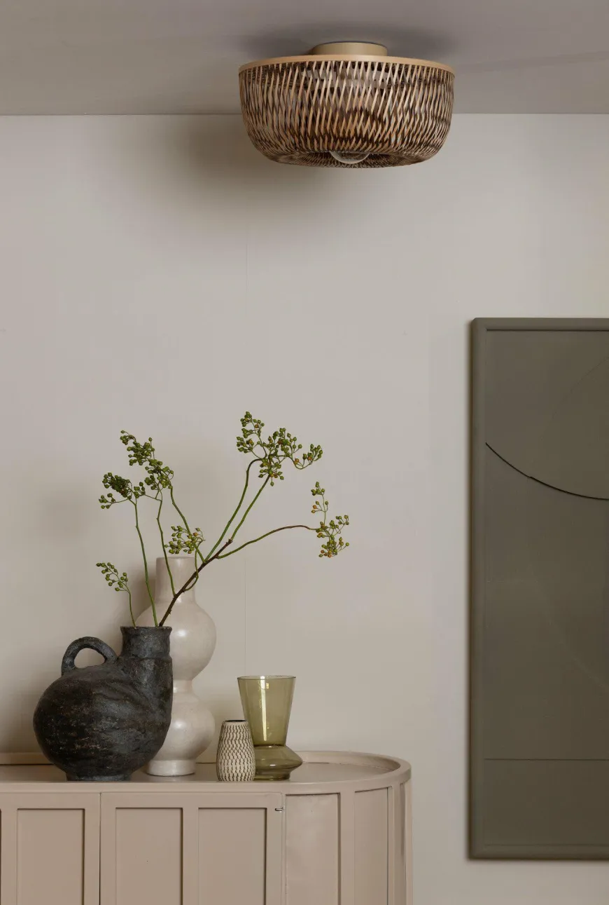 Good&Mojo Plafondlamp Barbados bamboe/halfrond kap ø35xh.15cm naturel/bruin