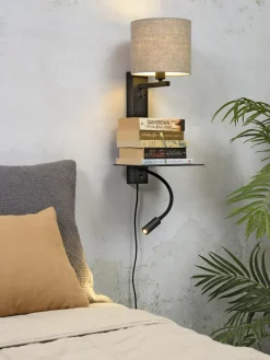 it's about RoMi Wandlamp ijzer Florence plank+usb+leeslamp 15000hrs incl. dimmer d. linnen