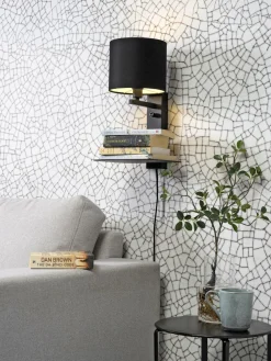 it's about RoMi Wandlamp ijzer Florence E14 met plank+usb incl. dimmer zwart