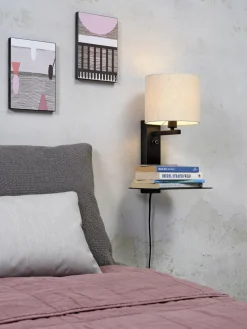 it's about RoMi Wandlamp ijzer Florence E14 met plank+usb incl. dimmer l. linnen