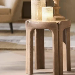 Light en Living Bijzettafel Ø45x50 cm ALI hout grijs-d bruin+travertin zand