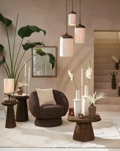 Light en Living Hanglamp 3L Ø35x32 cm DANIALO houtprint donkerbruin met touw creme