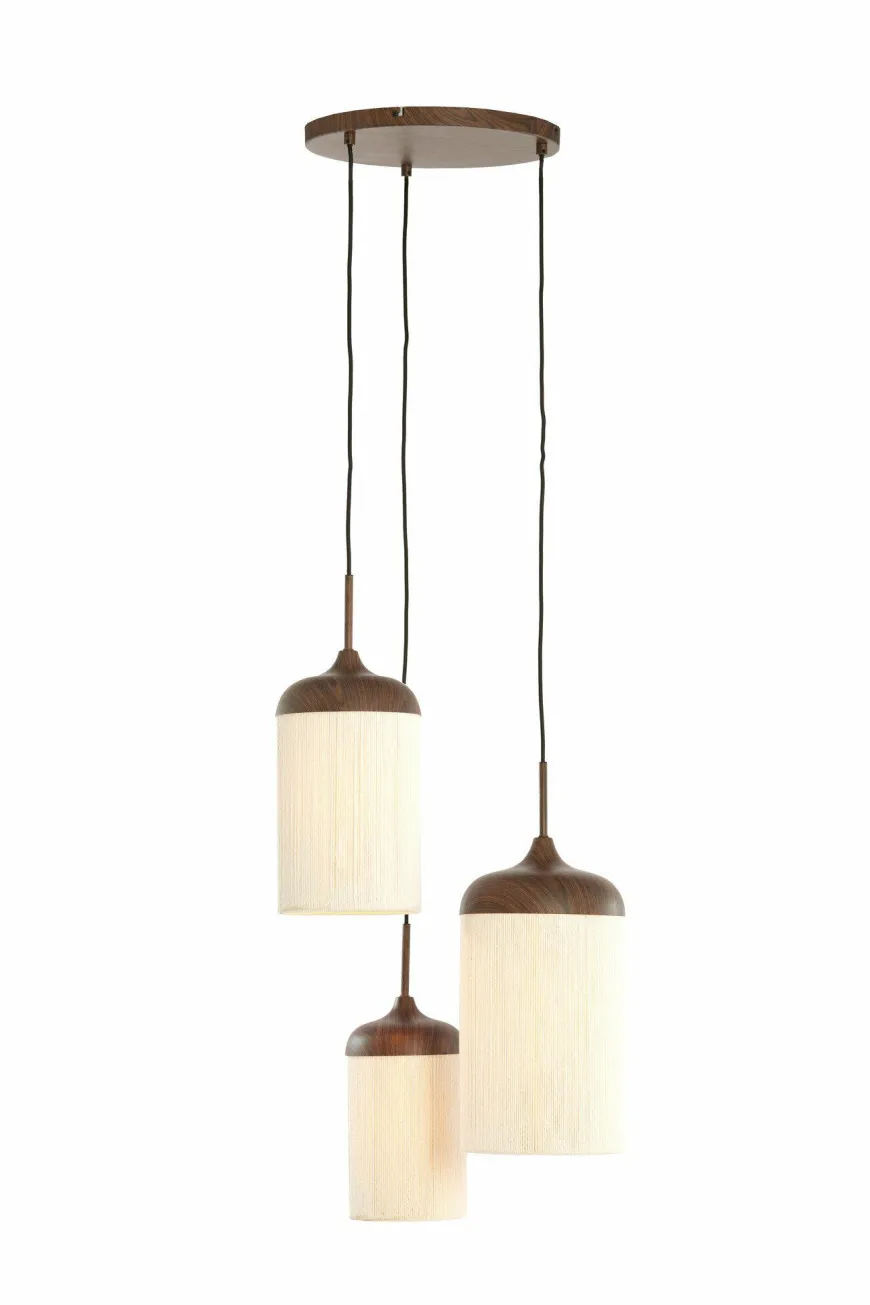 Light en Living Hanglamp 3L Ø35x32 cm DANIALO houtprint donkerbruin met touw creme