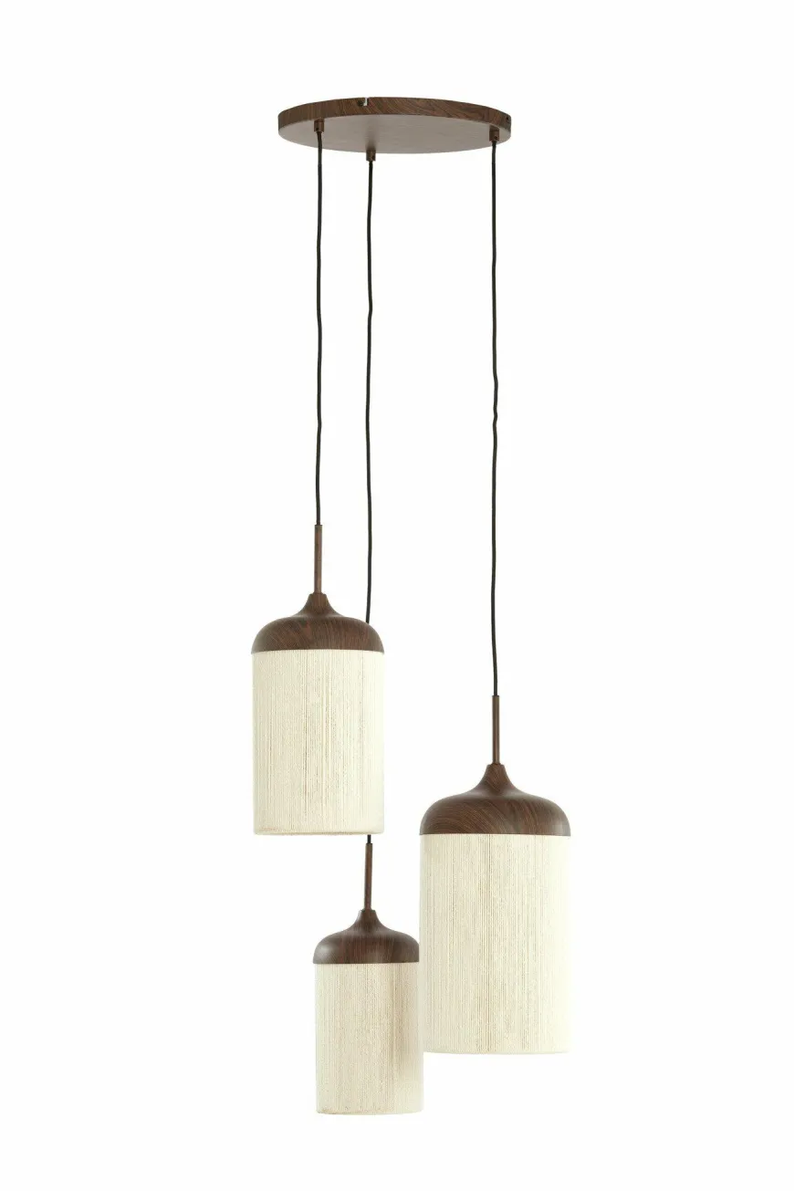 Light en Living Hanglamp 3L Ø35x32 cm DANIALO houtprint donkerbruin met touw creme