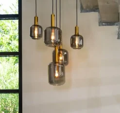Light en Living Hanglamp 5L Ø66x80 cm LEKAR antiek brons+smoke glas