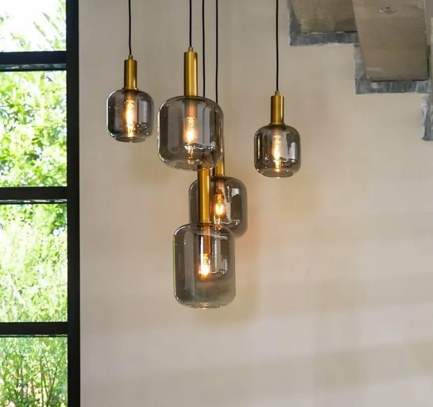 Light en Living Hanglamp 5L Ø66x80 cm LEKAR antiek brons+smoke glas