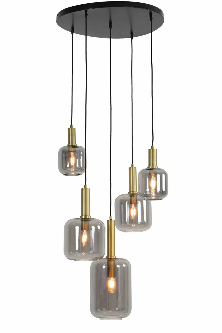 Light en Living Hanglamp 5L Ø66x80 cm LEKAR antiek brons+smoke glas