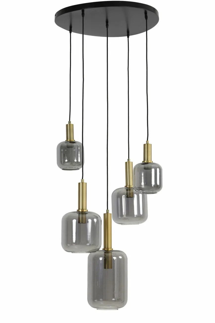 Light en Living Hanglamp 5L Ø66x80 cm LEKAR antiek brons+smoke glas