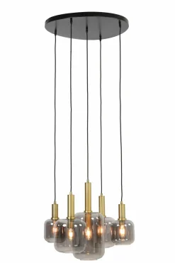 Light en Living Hanglamp 5L Ø66x80 cm LEKAR antiek brons+smoke glas