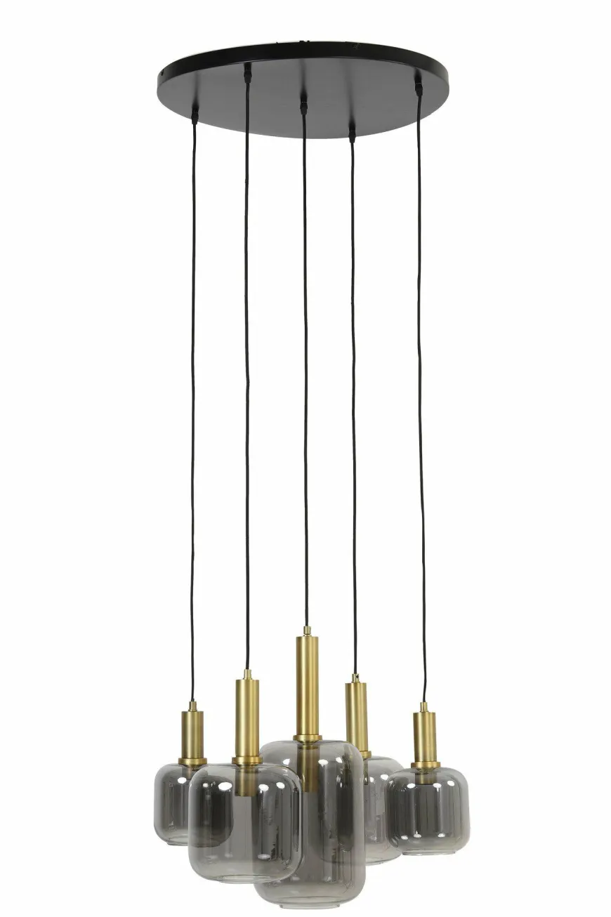 Light en Living Hanglamp 5L Ø66x80 cm LEKAR antiek brons+smoke glas