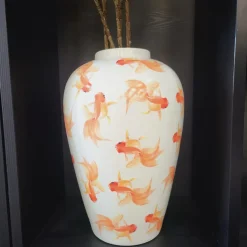 Light en Living Vaas deco Ø28X42 cm Fish keramiek wit+oranje
