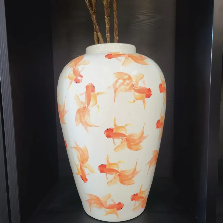 Light en Living Vaas deco Ø28X42 cm Fish keramiek wit+oranje