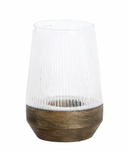 Light en Living Windlicht Ø18X26 Cm MINAS glas Rib helder+hout donkerbruin