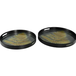 PTMD Dienblad Gila zwart glas met goud blad set van 2