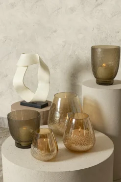 PTMD PTMD Ameara Amber Glas Rond Taps Windlicht S – Handgemaakt Sfeerglas Ø16 cm