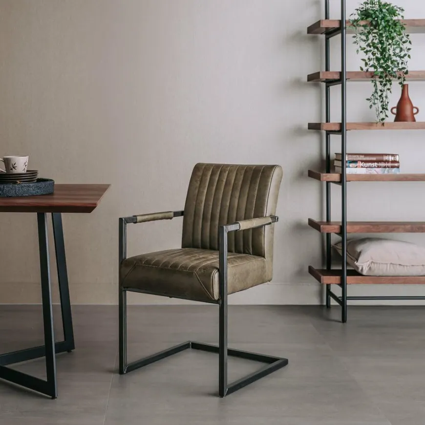 Tower Living Eetkamerstoel Ferro met armleuning - Cognac, donkerbruin, antraciet en groen
