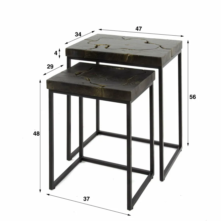 WoonStijl Bijzettafel set van 2 rechthoekig Robuust zwart met goud