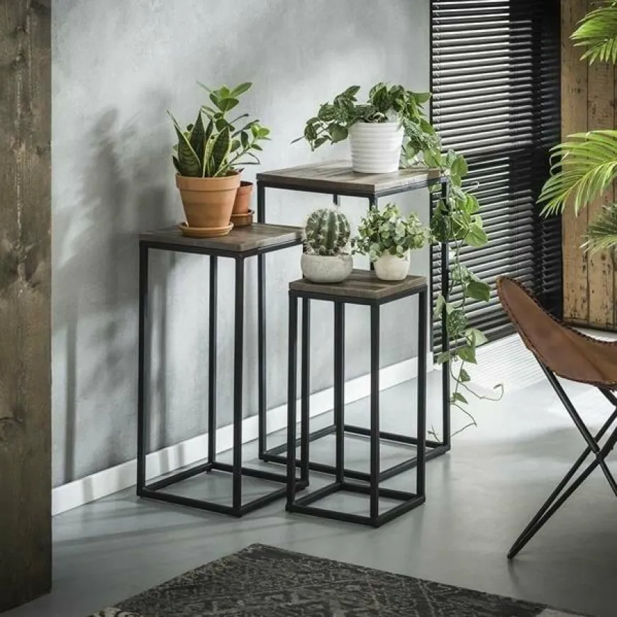 WoonStijl Bloemenzuil Teca set van 3 vierkant buisframe - Teakhout greywash