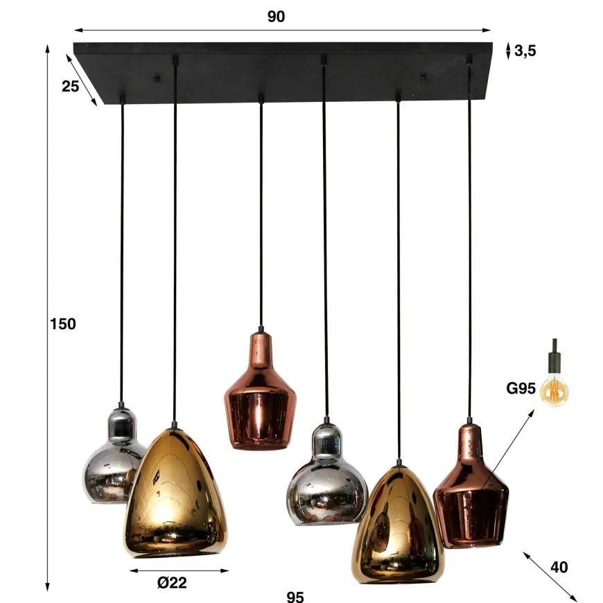 WoonStijl Hanglamp 3+3 mix glass tricolore