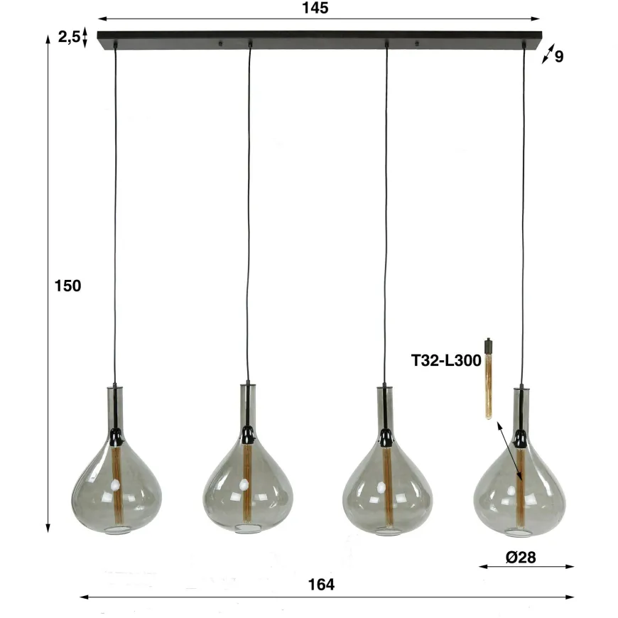 WoonStijl Hanglamp Drop smoke glass met 4 lampen