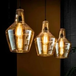 WoonStijl Hanglamp 3L amber glas kegel / Oud zilver