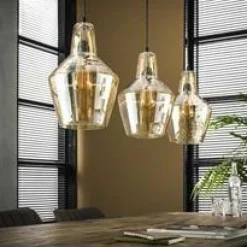 WoonStijl Hanglamp 3L amber glas kegel / Oud zilver