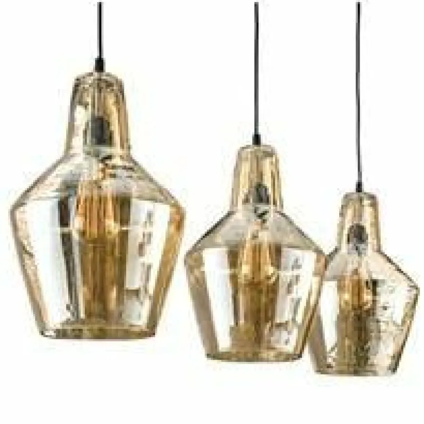 WoonStijl Hanglamp 3L amber glas kegel / Oud zilver