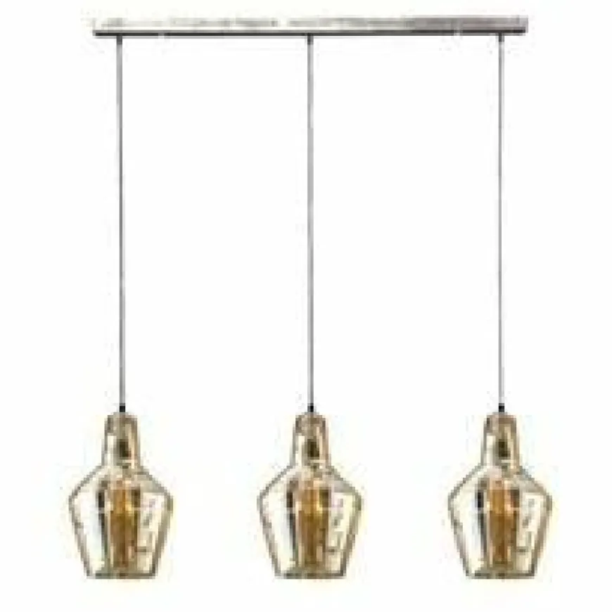 WoonStijl Hanglamp 3L amber glas kegel / Oud zilver