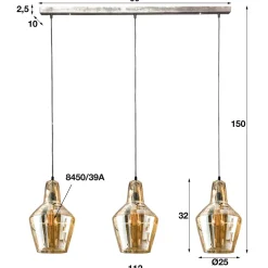 WoonStijl Hanglamp 3L amber glas kegel / Oud zilver