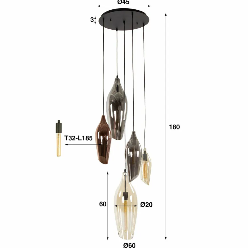 WoonStijl Hanglamp 5L getrapt cocoon mix glass