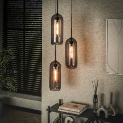 WoonStijl Hanglamp 3L getrapt smoke glas-geperforeerd staal
