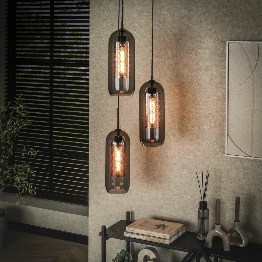 WoonStijl Hanglamp 3L getrapt smoke glas-geperforeerd staal