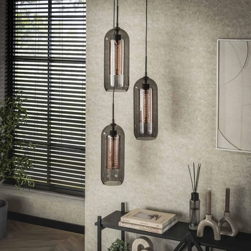 WoonStijl Hanglamp 3L getrapt smoke glas-geperforeerd staal