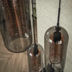 WoonStijl Hanglamp 3L getrapt smoke glas-geperforeerd staal