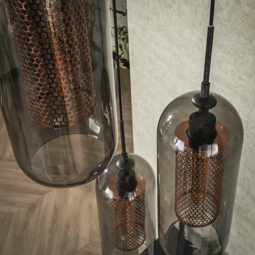 WoonStijl Hanglamp 3L getrapt smoke glas-geperforeerd staal