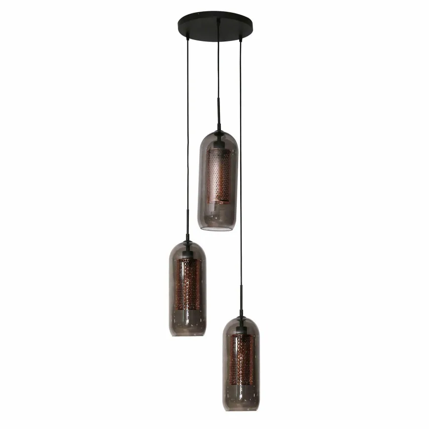 WoonStijl Hanglamp 3L getrapt smoke glas-geperforeerd staal