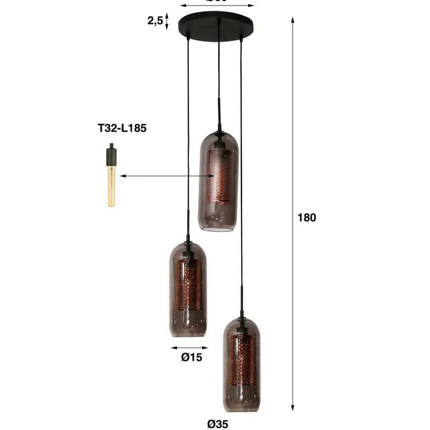 WoonStijl Hanglamp 3L getrapt smoke glas-geperforeerd staal