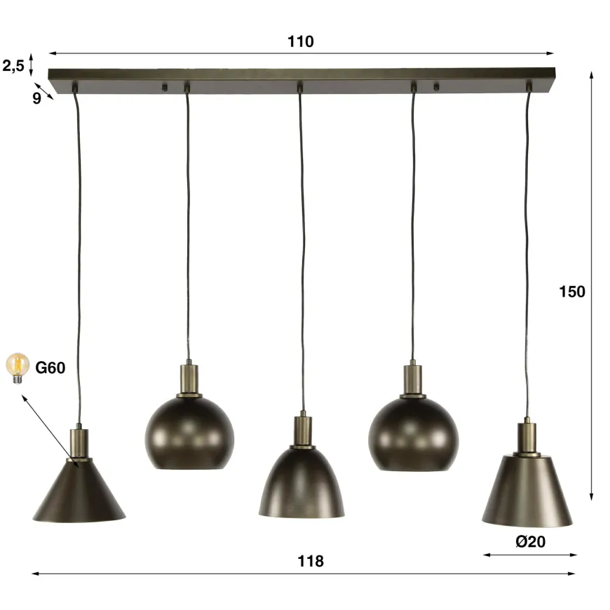 WoonStijl Hanglamp 5L Metallo mix Sienna bruin