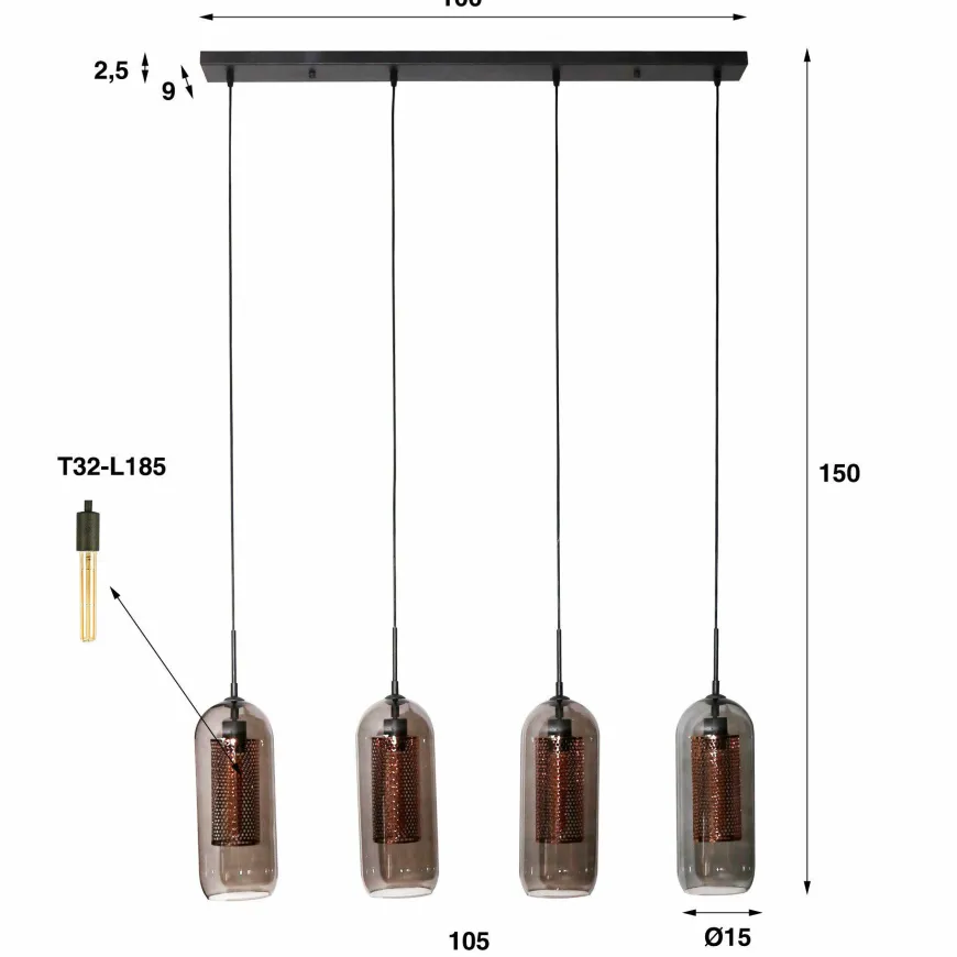 WoonStijl Hanglamp 4L smoke glas-geperforeerd staal
