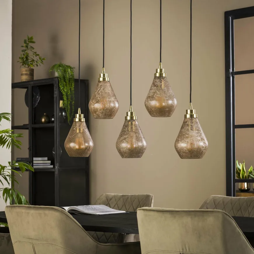 WoonStijl Hanglamp 5L vintage brown glass