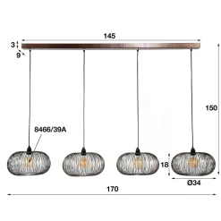 WoonStijl Hanglamp 4x Ø35 disk wire copper twist / Zwart nikkel