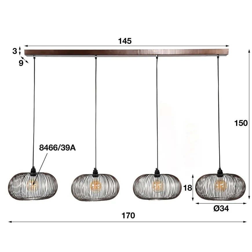 WoonStijl Hanglamp 4x Ø35 disk wire copper twist / Zwart nikkel