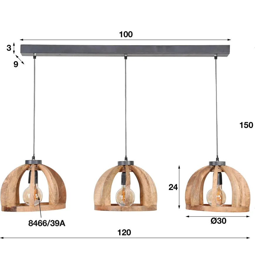 WoonStijl Hanglamp 3x Ø30 gebogen houten spijlen