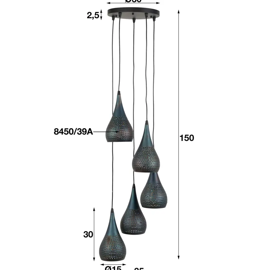 WoonStijl Hanglamp 5x getrapt punch / Zwart bruin