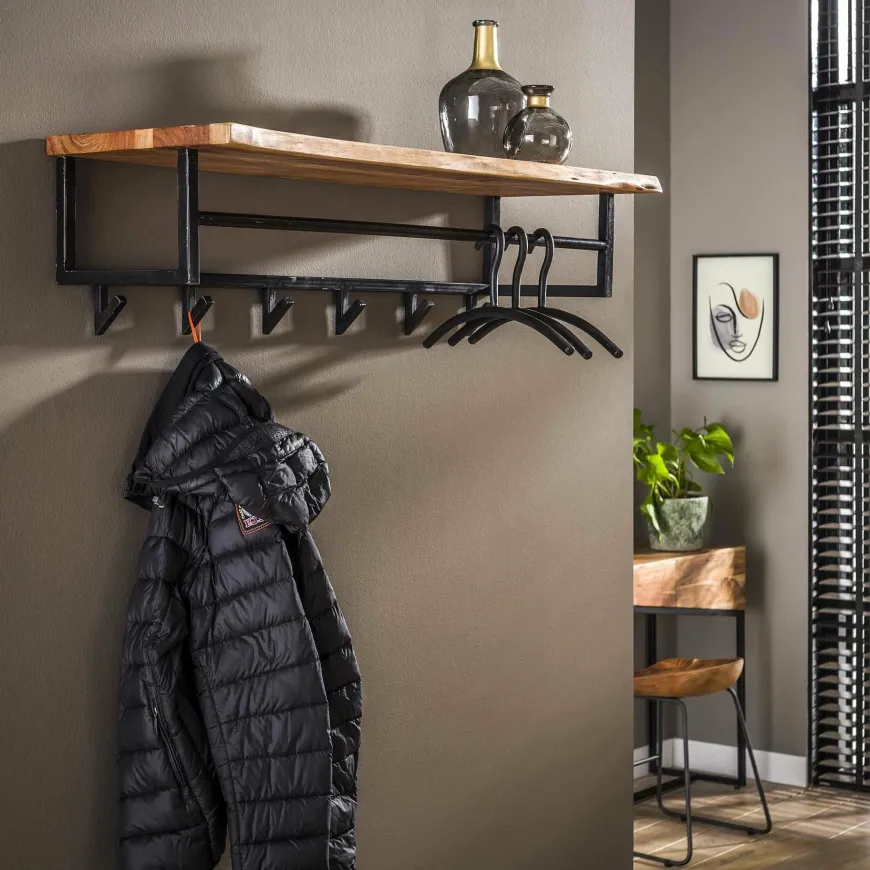 WoonStijl Kapstok edge 6 haken hoedenplank / Massief acacia naturel