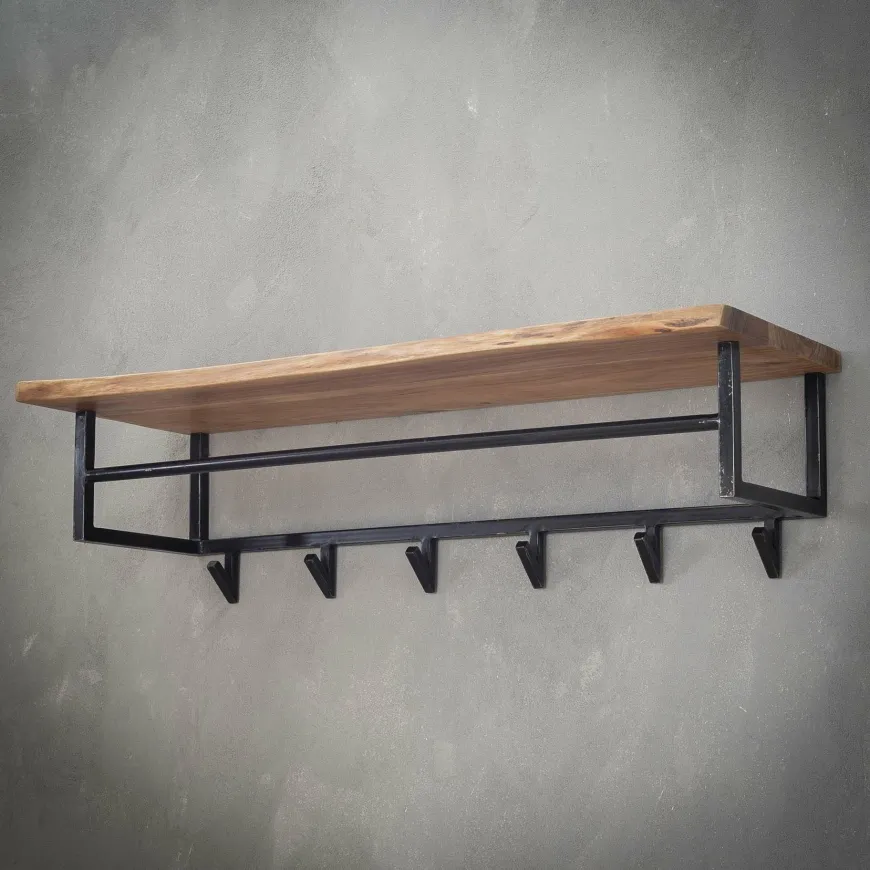 WoonStijl Kapstok edge 6 haken hoedenplank / Massief acacia naturel