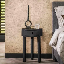 WoonStijl Nachtkastje Round zwart acacia met 1 lade