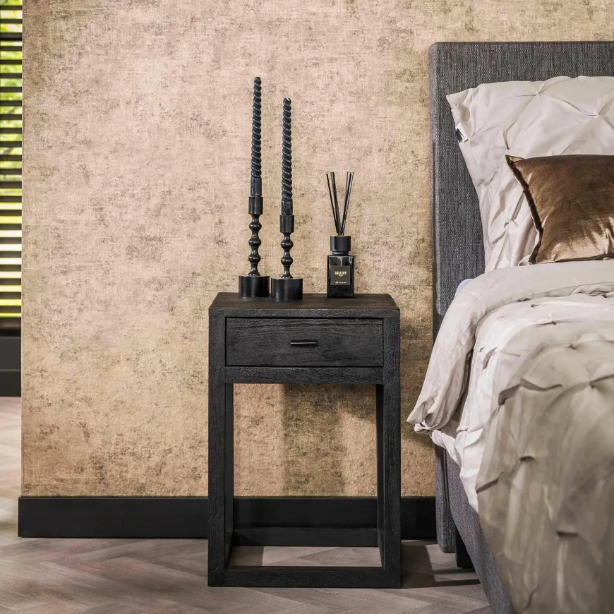 WoonStijl Nachtkastje Square zwart acacia met 1 lade